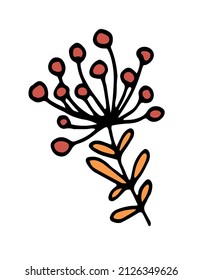 Zweige mit einem Haufen roter Beeren. Symbol eines Zweiges mit orangefarbenen Blättern und Beeren eines roten Regenschirms mit schwarzer Umrisslinie auf Weiß für eine Vorlage für die Gestaltung der natürlichen Waldverpackung