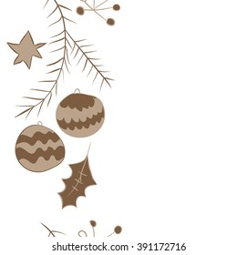 Twigs with Christmas decorations , doodles, hole, balls, star, spots,leaves,spruce, vertical seamless pattern, copy space. Hand drawn.