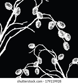 Twigs with cones. Vector illustration on black background
