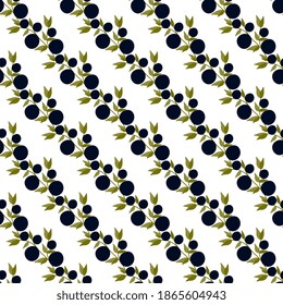 Twigs of dark blue forest berries with green leaves on a white background. Seamless vector illustration for hoop, surface, packaging, postcards.