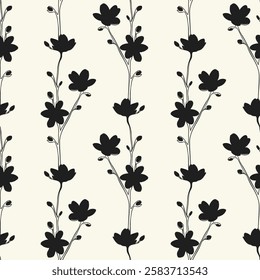 Twigs with flowers and buds, seamless pattern of spring mood and vibe. Contour stylized drawn branches of cherry blossoms and apple and apricot trees.