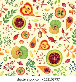 Twigs, fruits and berries watercolor vector background