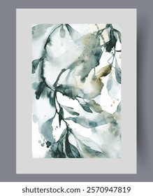 Twigs of green plants symbolize ecological purity and biodiversity of nature on wall art. Watercolor print. Artwork with thickets of plants or trees and shrubs, in frame with decor for poster