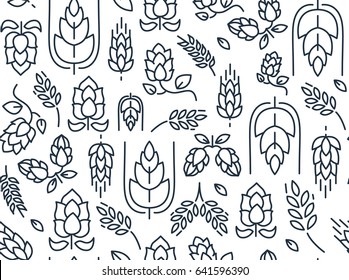 Twigs hop seamless pattern with repeating images of malt and leaves hand drawing on the white background vector illustration