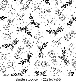 Twigs and leaves. Black and white pattern. Doodle-style illustration.
