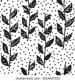 twigs with leaves drawn by hand on a white background with dots,  seamless pattern, monochrome vector design.
