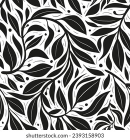 twigs and leaves fill the seamless pattern. floral pattern in black and white style