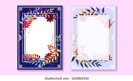Twigs with leaves forming a frame in bright colors gradient background with copy space for text, colorful greeting card, format A4, vertical orientation. Vector illustration stock.