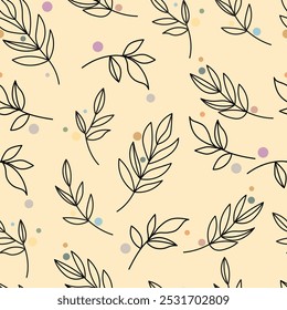 Twigs with leaves in linear style. Thin branches with dots. Vector seamless pattern in pastel shades.