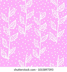 twigs with leaves on a background with dots, pink seamless pattern.