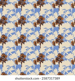 Twigs and leaves seamless pattern.Endless vector botanical ornament.Beige silhouettes of branches, orange flower with linear outline on blue background.