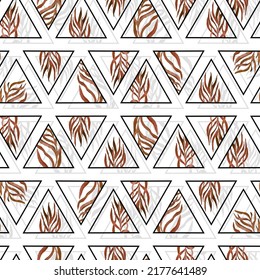 twigs with leaves in triangles frames geometric vector seamless pattern
