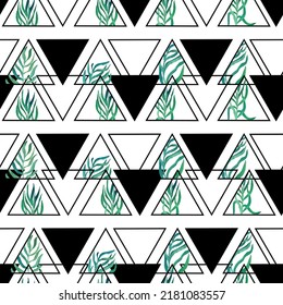 twigs with leaves in triangles frames geometric vector seamless pattern