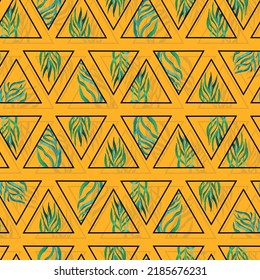 twigs with leaves in triangles frames geometric vector seamless pattern