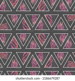 twigs with leaves in triangles frames geometric vector seamless pattern