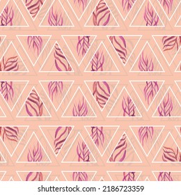 twigs with leaves in triangles frames geometric vector seamless pattern