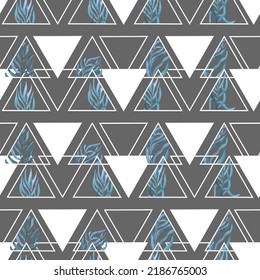 twigs with leaves in triangles frames geometric vector seamless pattern