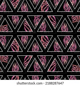 twigs with leaves in triangles frames geometric vector seamless pattern