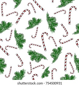 twigs of New Year trees and Christmas candies on a white background, festive Christmas seamless pattern. Freehand drawing vector. 