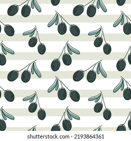 Twigs with olive berries and leaves, vector seamless pattern with cartoon line art illustration.