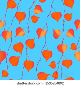 Twigs with orange physalis berries on a blue background. Gorgeous seamless pattern. It can be used for fabrics.