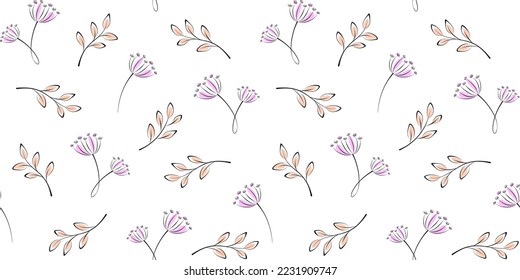 Twigs, pink branches and inflorescences with black outlines on a white background. Plant and floral endless texture. Vector seamless pattern for surface texture, wrapping paper, packaging and giftwrap