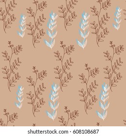 Twigs of plants with leaves gentle seamless pattern. Freehand drawing vector  design.
Vintage  engraving. Retro style. 
