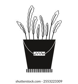 Twigs of plants in a pot- bucket image of a silhouette of a plant monochrome drawing. Vector illustration of a potted plant. Home decor. Icon, print.