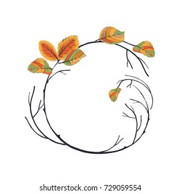 Twigs round frame.Branches with autumn leaves rolled into a ring.Vector wreath isolated on white background,great to texts,quotes, logos.