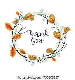 Twigs round frame.Branches with autumn leaves rolled into a ring.Vector wreath isolated on white background, great to texts, quotes, logos.