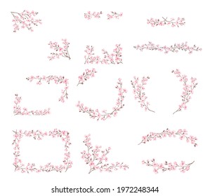 Twigs of Sakura or Cherry Blossom Arranged in Frames and Borders Vector Set