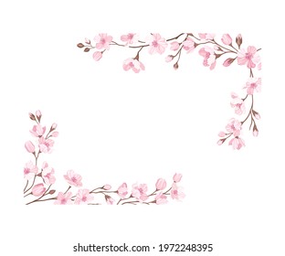 Twigs of Sakura or Cherry Blossom Arranged in Corners Vector Illustration