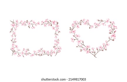 Twigs of Sakura or Cherry Blossom Arranged in Border Vector Illustration Set