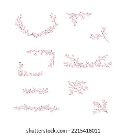 Twigs of Sakura or Cherry Blossom Arranged in Frame and Border Line Vector Set