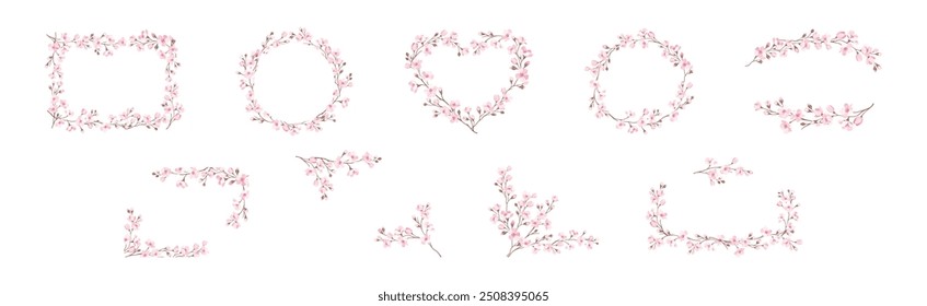 Twigs of Sakura or Cherry Blossom Arranged in Frames and Borders Vector Set