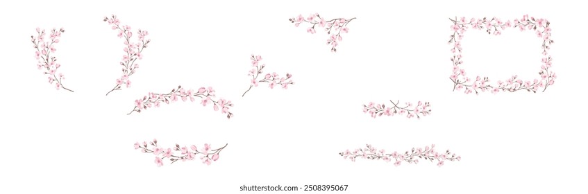 Twigs of Sakura or Cherry Blossom Arranged in Frames and Borders Vector Set