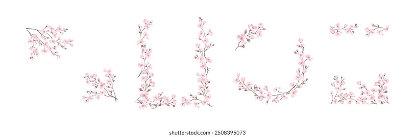 Twigs of Sakura or Cherry Blossom Arranged in Frames and Borders Vector Set