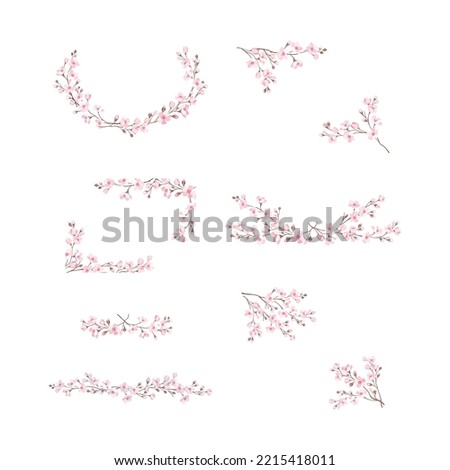 Twigs of Sakura or Cherry Blossom Arranged in Frame and Border Line Vector Set