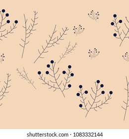 Twigs seamless  pattern , stylized, doodles, ellipses. Hand drawn. 