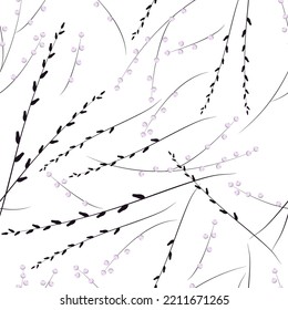 Twigs with seed pods and pink berries on a white background. Seamless vector pattern.