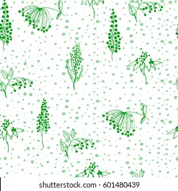 Twigs with seeds, plants, gentle seamless pattern on a background with dots. Freehand drawing vector for wallpaper, pattern fills,web page background, surface textures, wrapping paper.