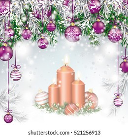 Twigs with snow, purple baubles and candles.  Eps 10 vector file.