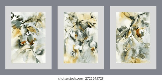 Ramitas de árbol de primavera con escaramujos emergentes o manzanas silvestres en carteles de acuarela. Carteles ecológicos de primavera con plantas y arbustos con bayas para el diseño interior de la tienda de productos ecológicos