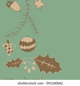 Twigs of spruce Christmas decorations , doodles, hole, balls, star, spots,leaves,acorn, vertical seamless pattern, Christmas decorations, copy space. Hand drawn.