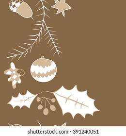 Twigs of spruce Christmas decorations , doodles, hole, balls, star, spots,leaves,acorn, vertical seamless pattern, Christmas decorations, copy space. Hand drawn.