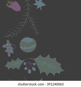 Twigs of spruce Christmas decorations , doodles, hole, balls, star, spots,leaves,acorn, vertical seamless pattern, Christmas decorations, copy space. Hand drawn.