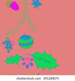 Twigs of spruce Christmas decorations , doodles, hole, balls, star, spots,leaves,acorn, vertical seamless pattern, Christmas decorations, copy space. Hand drawn.