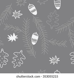 Twigs of spruce with stars, doodles, hole, spots,balls, Christmas decorations, seamless pattern. Hand drawn.