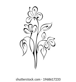 twigs with stylized blooming flowers and leaves black lines on a white background