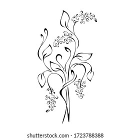 twigs with stylized flowers, leaves and curls in black lines on a white background